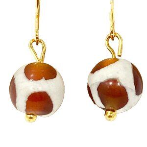 Murano Style Art Glass Bead Earrings Brown White Gold Plated Zebra Cow Pattern